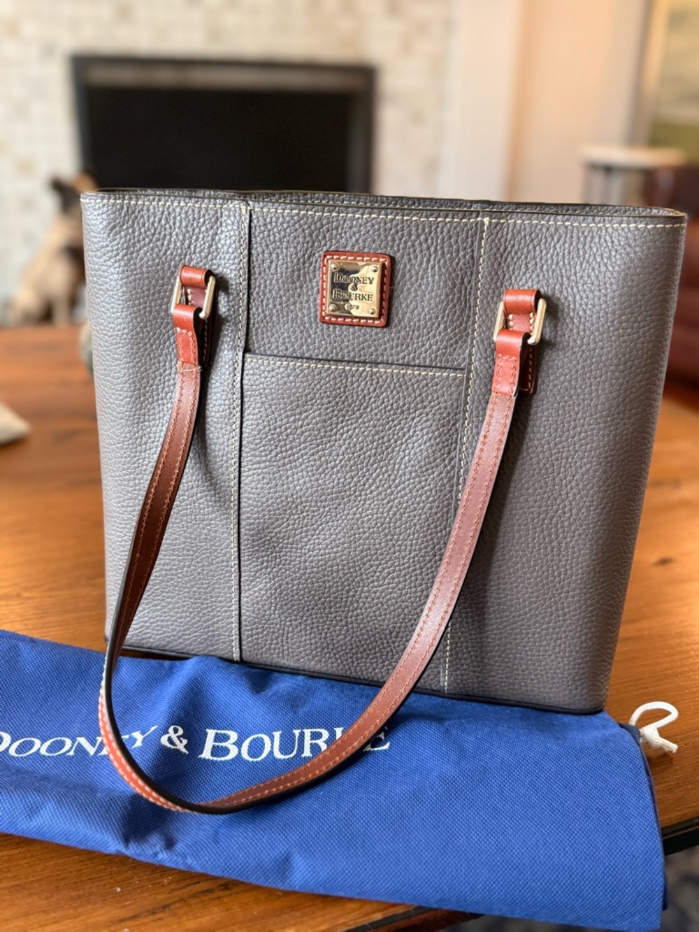 Dooney & Bourke Gray Pebbled Leather Tote with Brown Straps